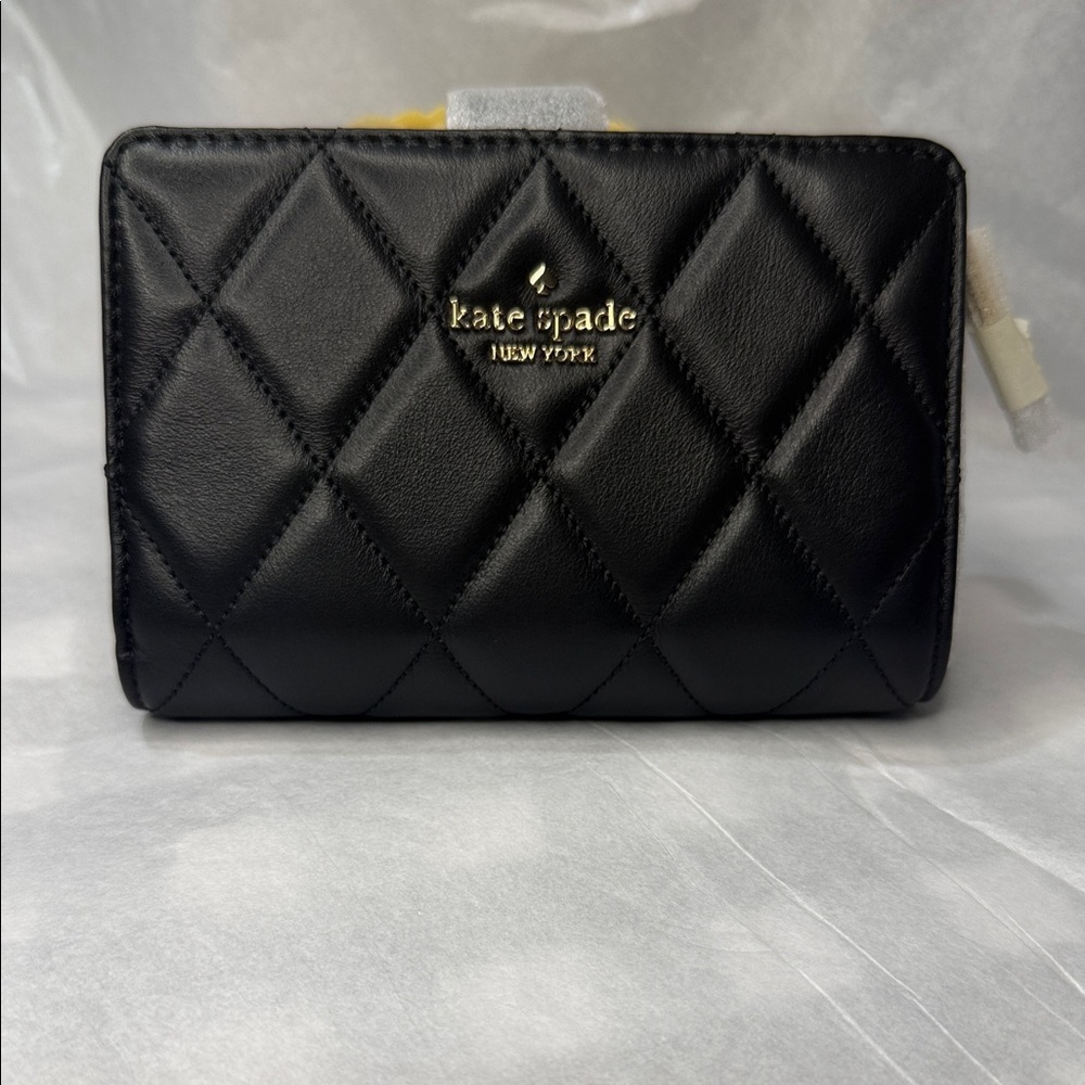 kate spade Black Quilted Leather Zip Wallet with Gold Logo